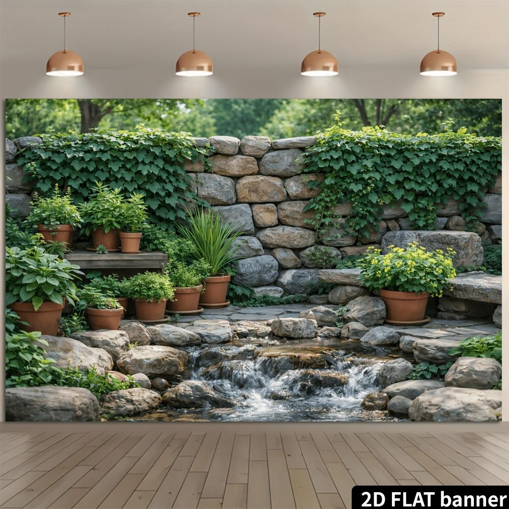 2D stone wall waterfall background fabric, stone wall with green plants and bonsai, flowing water of the waterfall