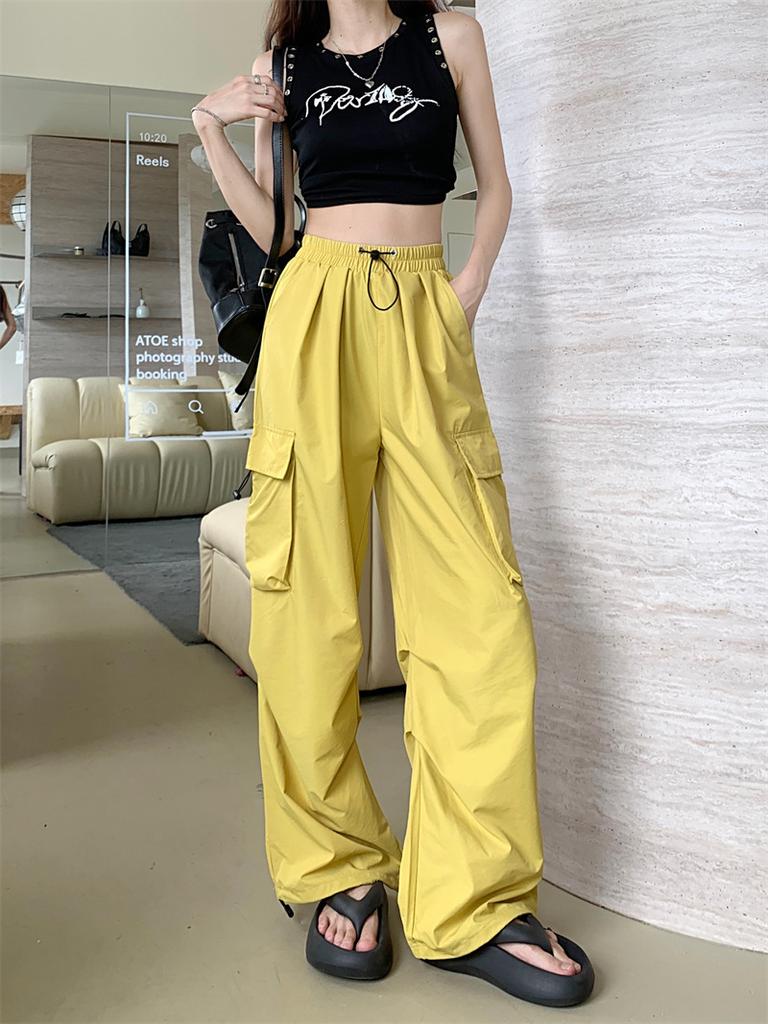 Women High Waist Wide Leg Cargo Pants Thin Drawstring Multi Pocket Loose Casual Outdoor Trousers