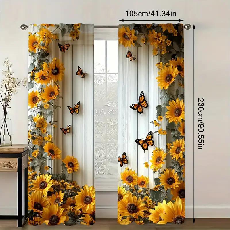2pcs- Floral and Plant Printed Curtains, Pole Bag Curtains, Bedroom and Living Room, Home Decoration, Room Decoration