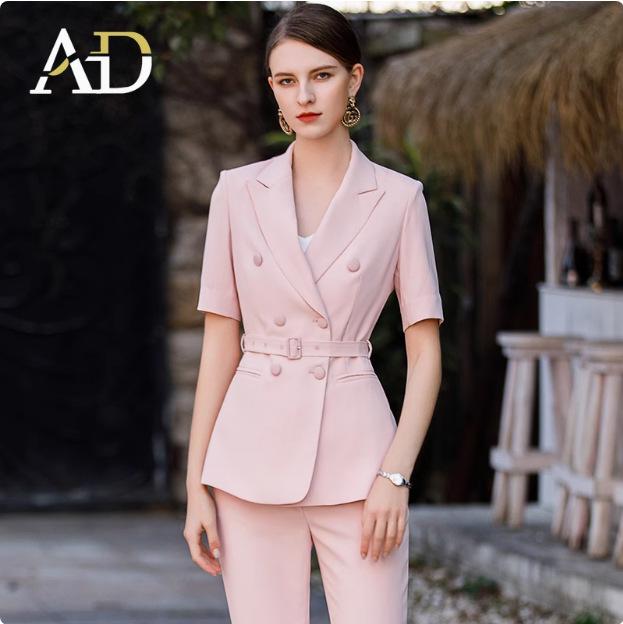 Women's Summer Pink Short-Sleeve Blazer Set - Professional OL Style