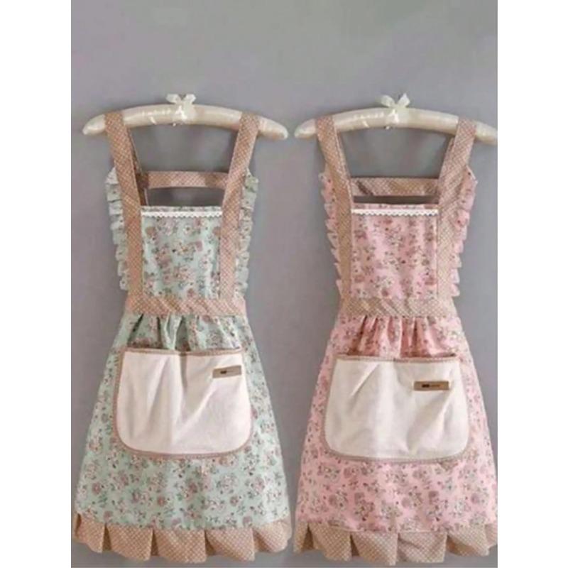Canvas Household New Erasable Apron, Kitchen Shoulder Strap Anti Fouling Breathable Princess Skirt, Cooking Waist Work Clothes.
