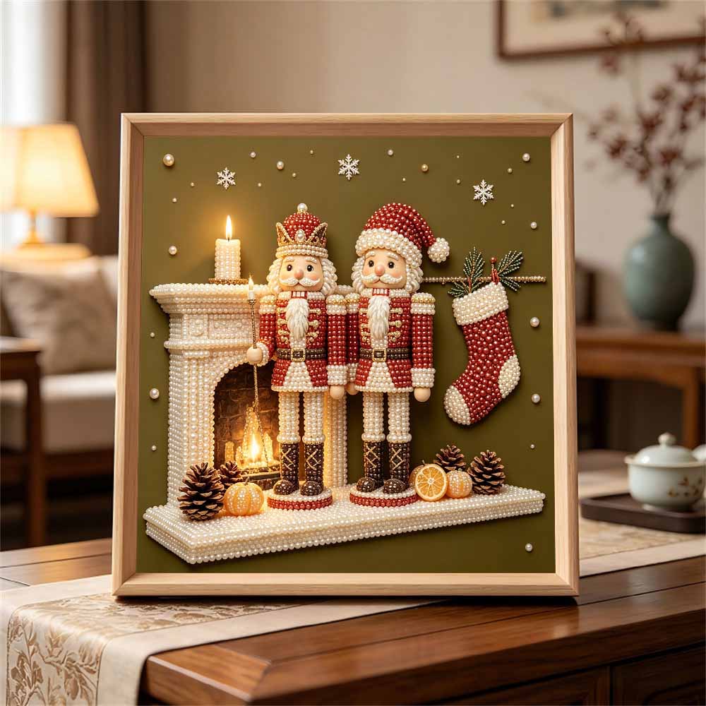 Handmade Framed Pearl Painting Set with Christmas Nutcracker Fireplace Design 5D Shiny Bead Art Canvas Creative Craft for Room Decor