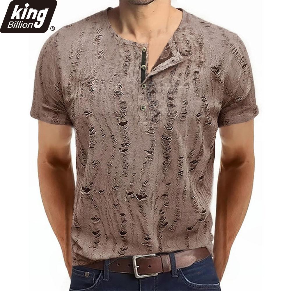 Men's Short-sleeved T-shirt Broken Holes Retro Men's Fashion Henley Shirt Men's Casual Fashion Tops Slim Fit