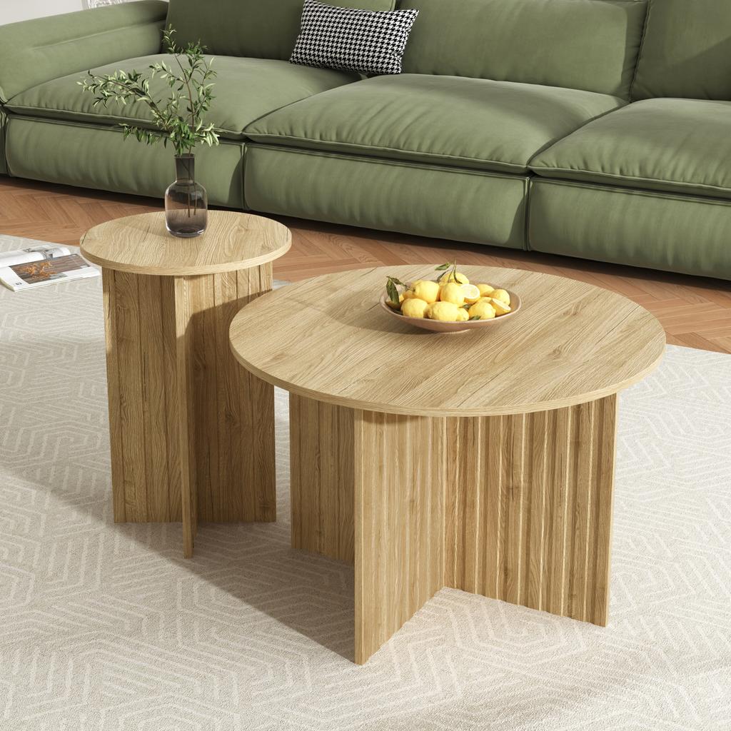 Modern 2-Piece Wood Nesting Table Set – Round Couch Tables & Coffee Tables in Scandinavian Design, Space-Saving, Sturdy MDF/PB Construction