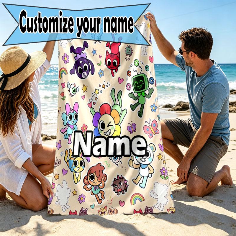Custom Name Personalized Dandy's World Print Beach Towel, for Trip Camping Beach Party Home Decor, Birthday Gift for Family & Friends