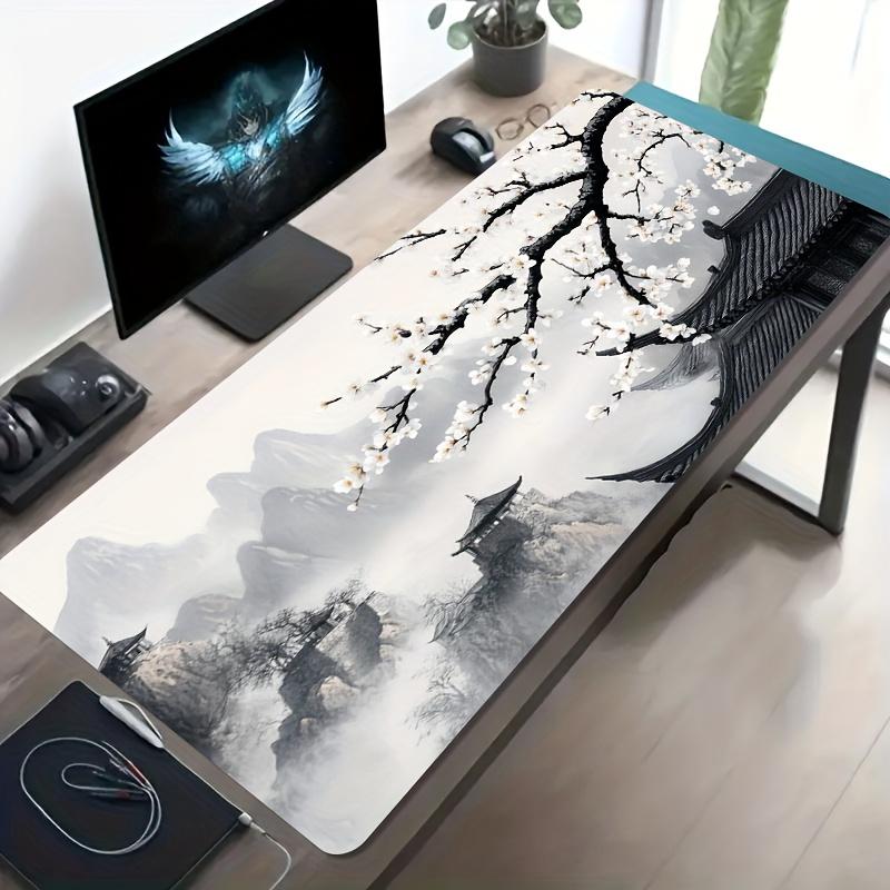 LargeSized Gaming Desk Mat with Ink Wash Painting White Plum Blossom and Ancient Chinese Architecture