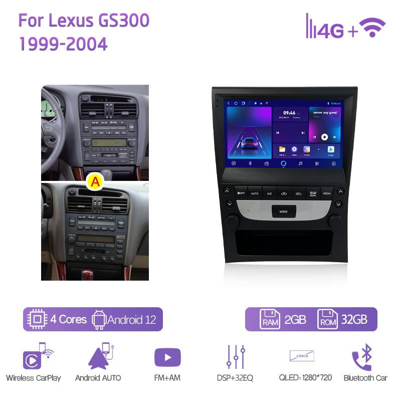 9.0Inch For Lexus GS300 1999-2004 GPS Navigation Radio Android12 8+128G 8Core CarPlay 4G 360 Camera Car Multimedia Video Player