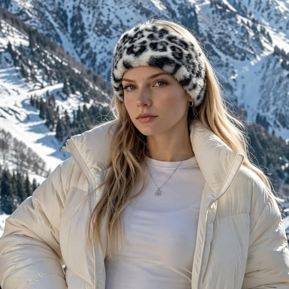 Windproof Leopard Print Hairband Ear Warm Winter Elastic Headband Fluffy Plush Headband  Sports