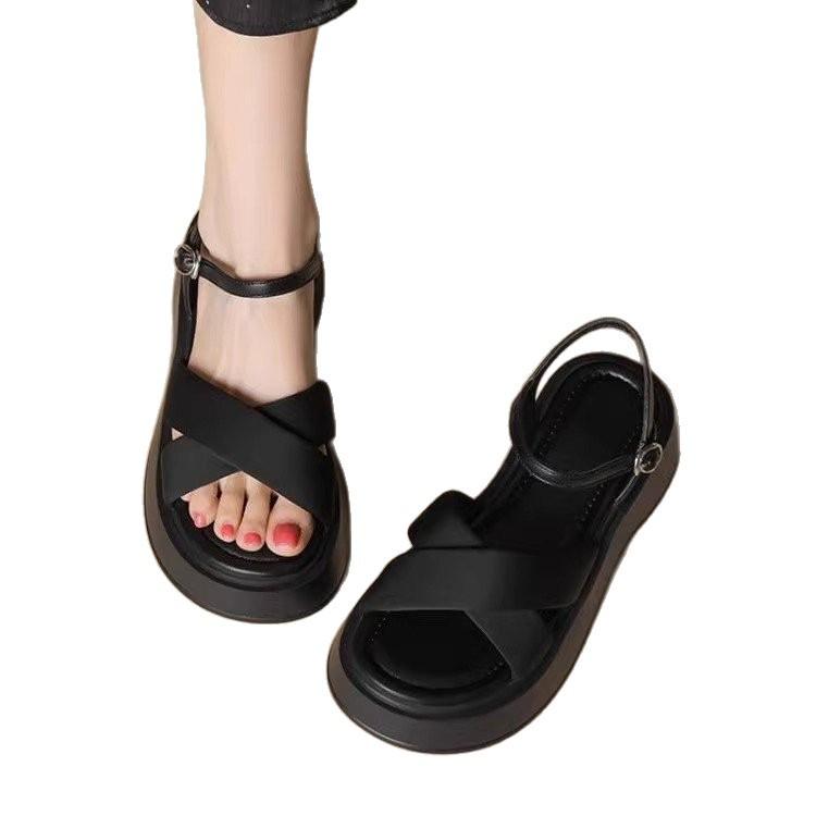 Thick-soled Cross-strapped Sandals for Women To Wear 2025 Summer New Fairy Style with Skirt One-word with Beach Roman Shoes