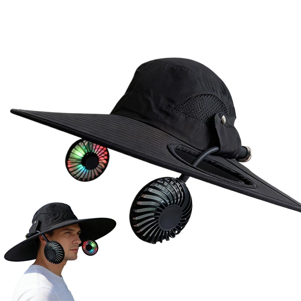 Summer Mens Wide Brim Solar Fan Hat Outdoor Protection Sun Hats With 2 Solar Fan Hiking Fishing Solar Powered Visor Cap Dropping