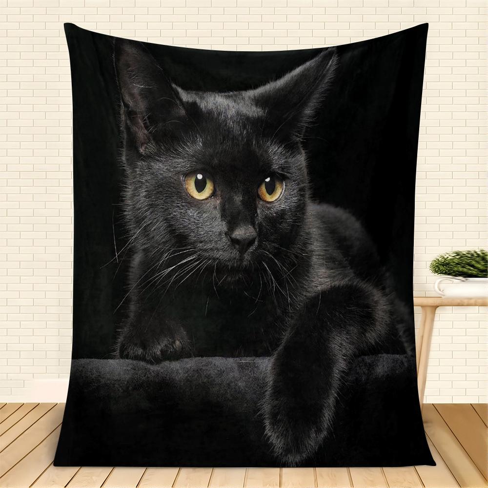 Mysterious Black Cat Flannel Blanket, Realistic Feline Portrait Throw, Soft Cozy For Cat Lover Home Decor, Warm Sofa Couch Gift