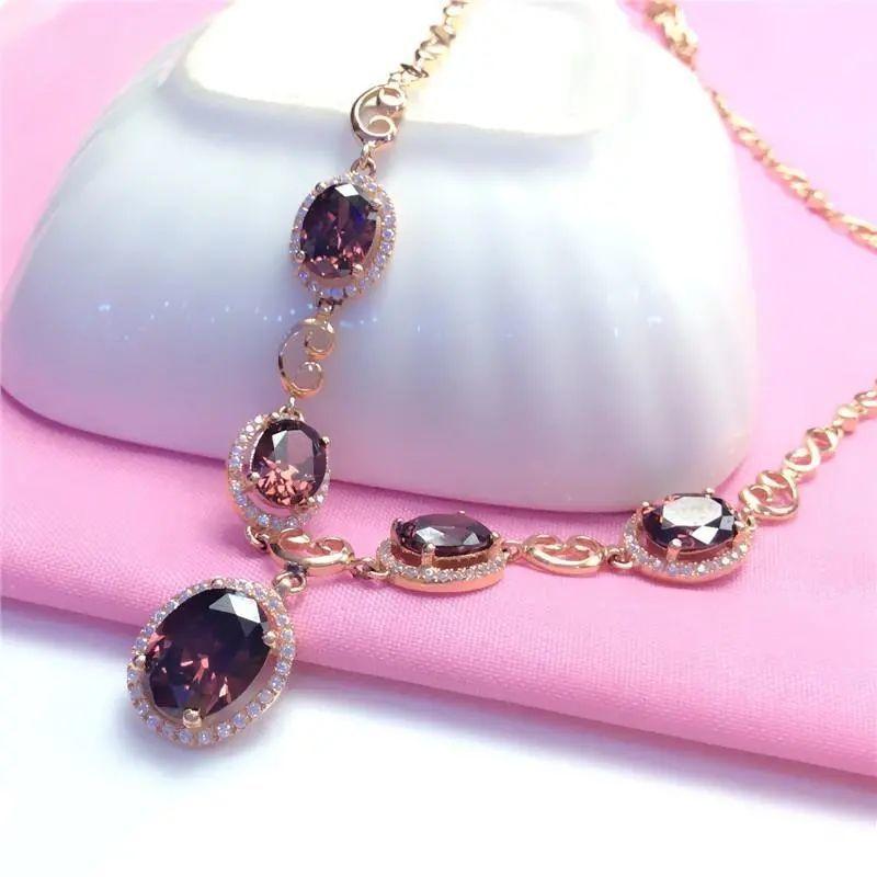 Purple Gold-Plated Rose Gold Inlaid With Smoke-Colored Zircon Pendant, Women'S Full Diamond Simple Luxury Temperament Colored Gold Necklace