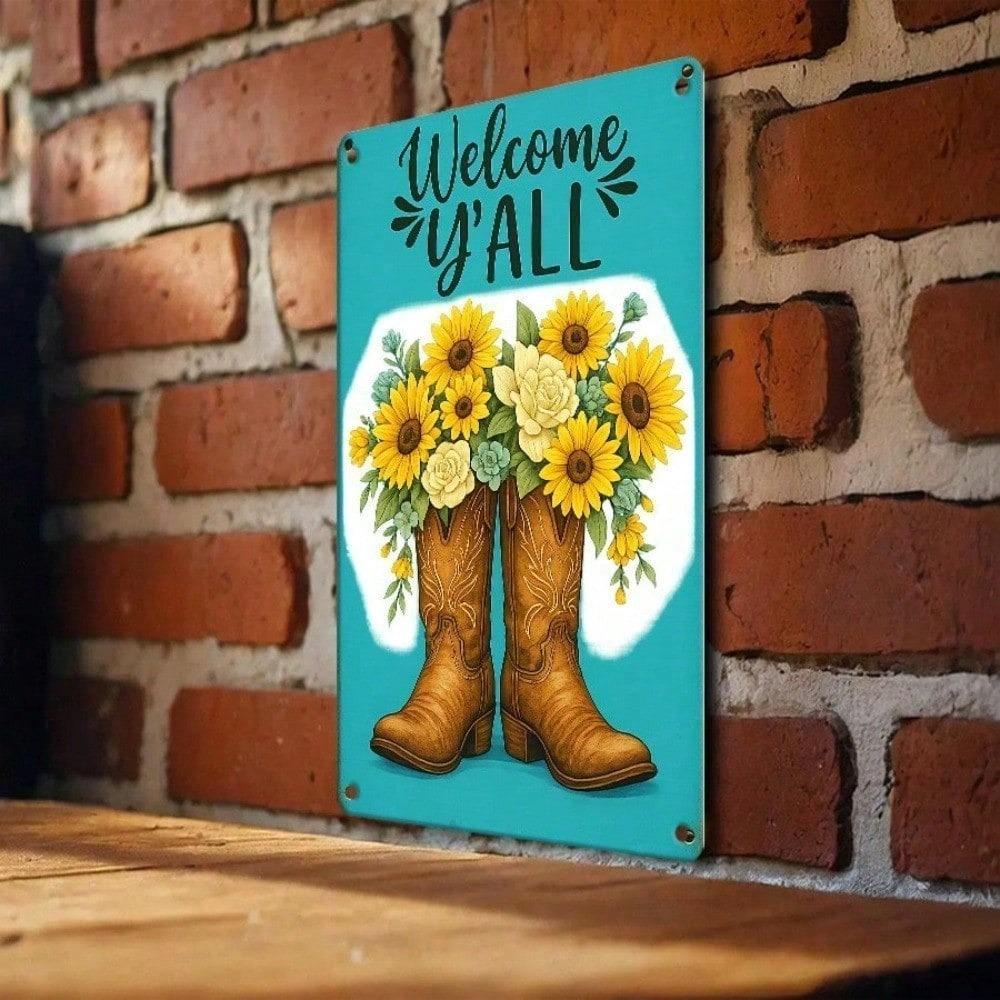 1PC 2D Flat Metal Tin Sign, Welcome Y'all Cowboy Boots Sunflower Wall Decor, Rustic Farmhouse 12x8 Inch Iron Plaque