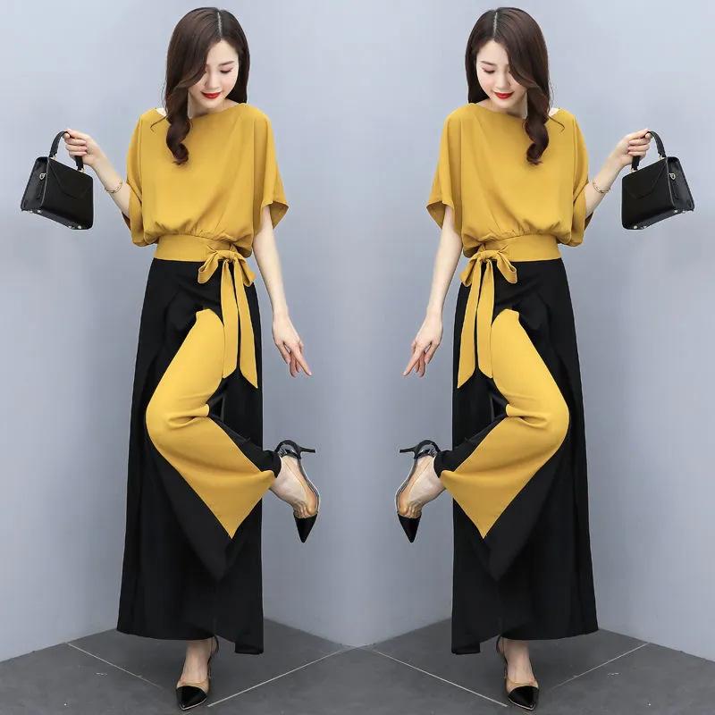 Summer Temperament Wide Leg Pants Suit Bow Short Sleeve Fashion Two Piece Suit for Women