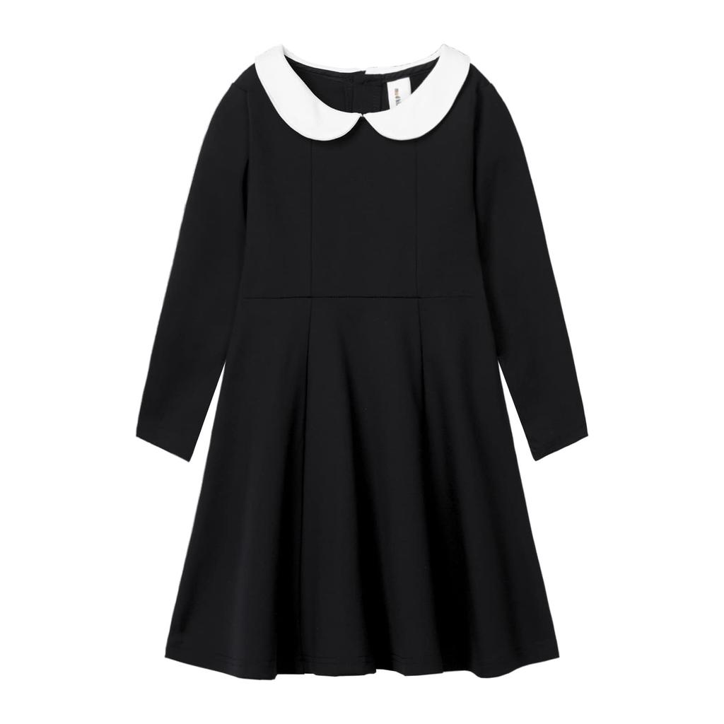LSMUDKINGDOM Formal Round Long for Size 120 Dress, Kids' Collar, Flared, Sleeve, Black, Girls,