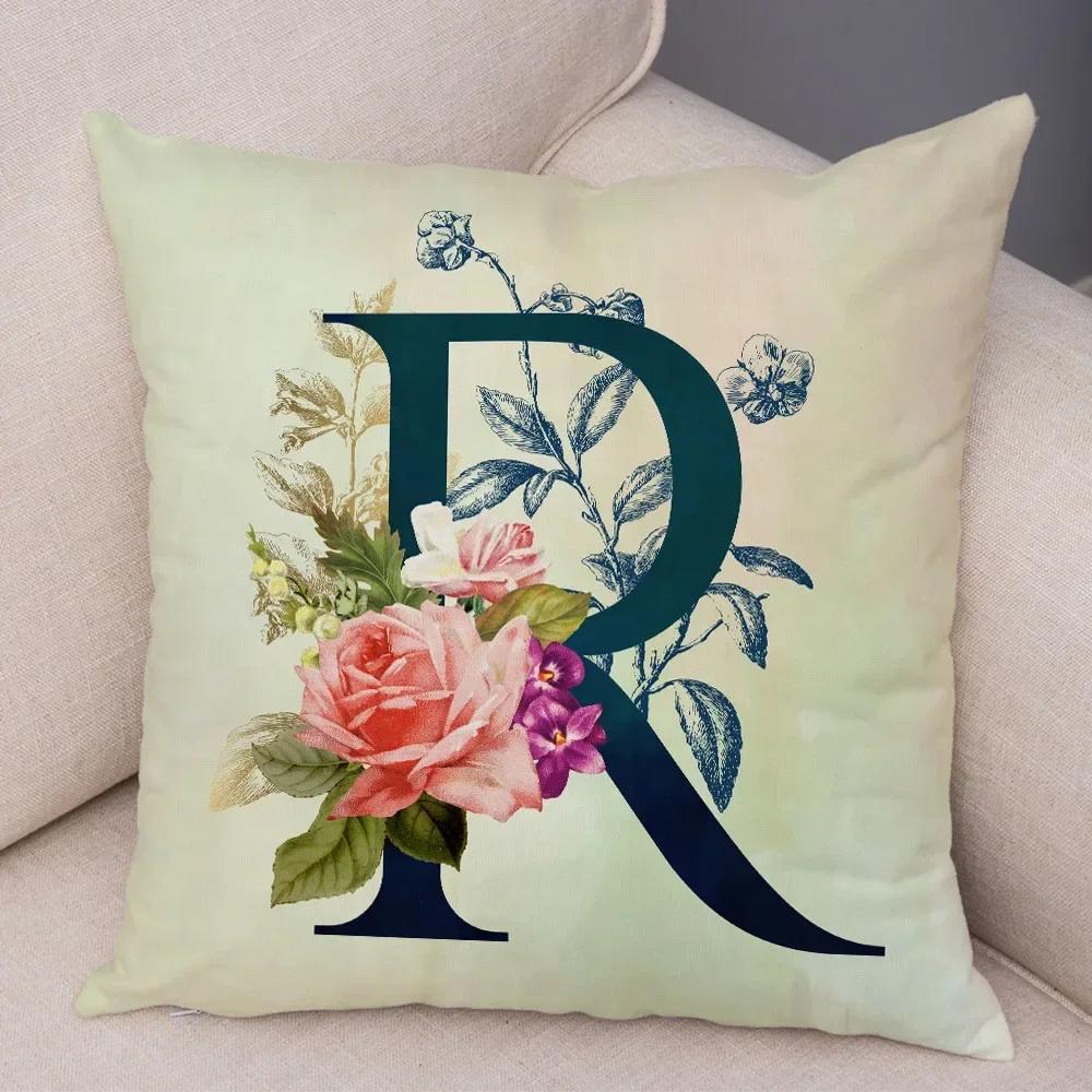 English Flower Beige Letter Print Pillow Case for Sofa Home Decor Floral A-Z Cushion Cover Soft Short Plush Pillowcase 45x45cm
