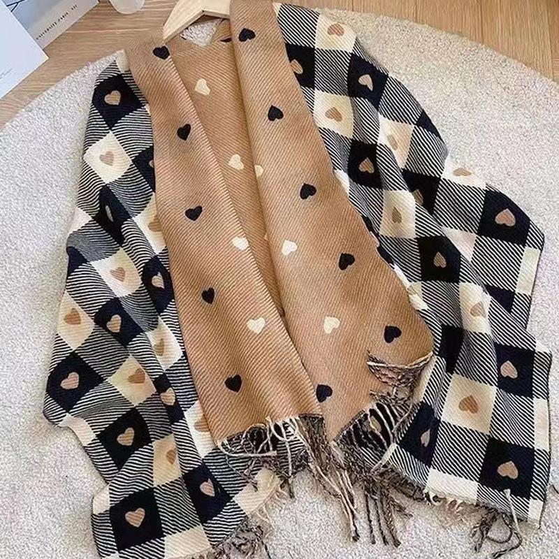 New Autumn and Winter Imitation Cashmere Women's Double-sided Heart-shaped Plaid Scarf Japanese Tassel Warm Shawl Couple Scarf