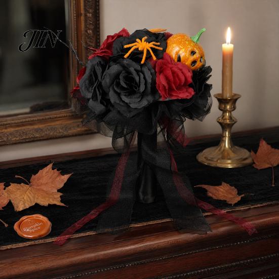 Faux Flower Bouquet Gothic Style Wedding Bouquets for Bride And Bridesmaid, Artificial Halloween Bouquet, Cobweb Arrangement Black Rose Blooms