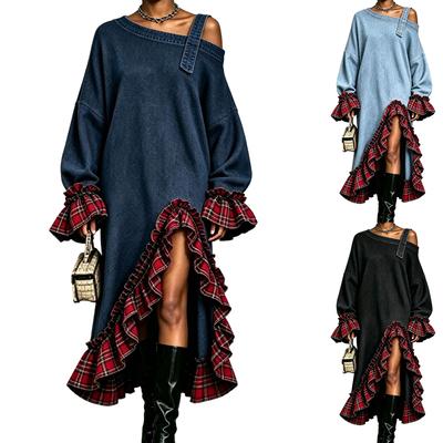 Damen Off-Shoulder Jeanskleid mit Karomuster-Patchwork, asymmetrischem Rüschensaum und langen Ärmeln, lockere Passform