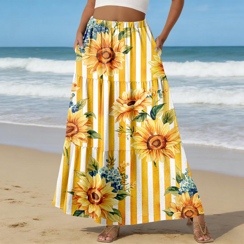 Women's Casual High Waist Drawstring A-line Skirt Color Skirt With Pockets