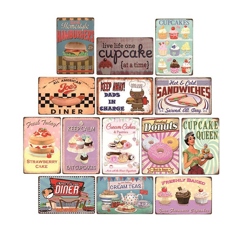 Food Dessert Sign Cake Donuts Hot Dog Metal Plaque Vintage Poster Decorative Restaurant Shop Cafe Wall Decoration Plates 20x30cm