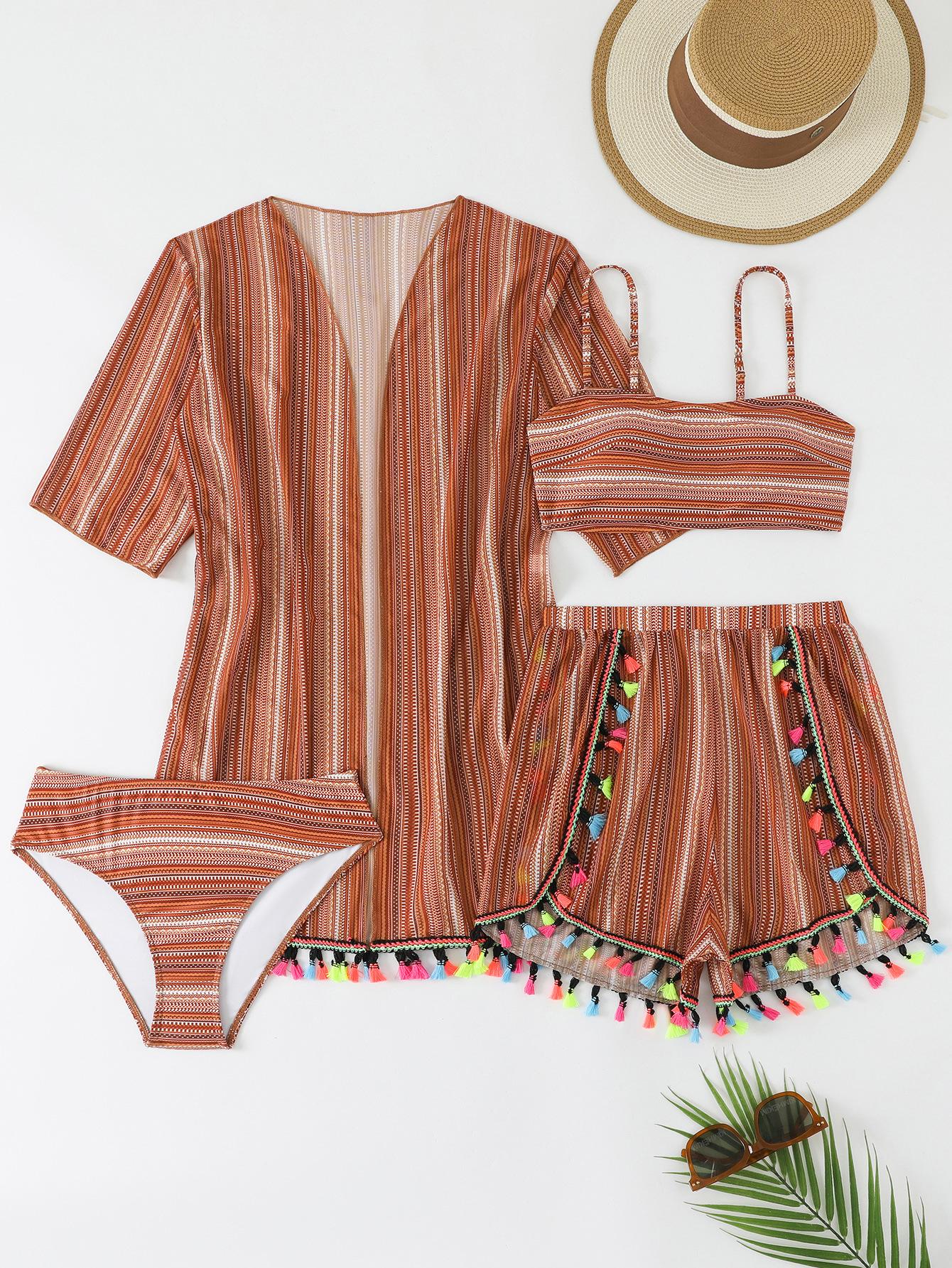 

European & American Tassel Halter Bikini Set - Four-Piece Swimsuit 2026 Extra Large коричневый
