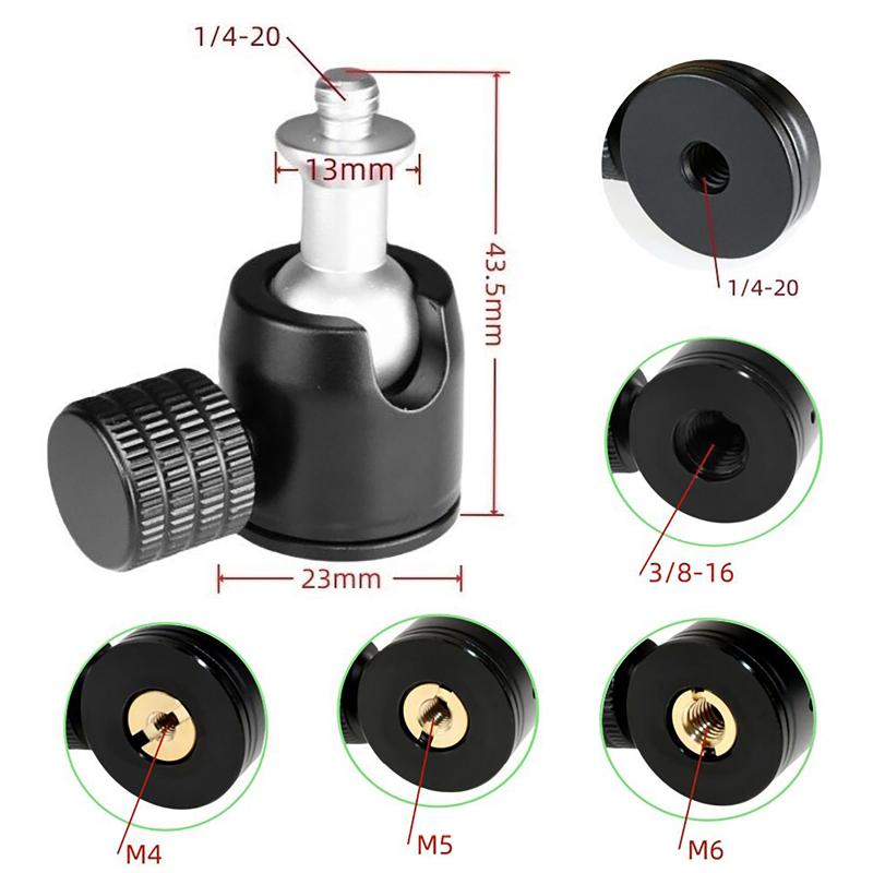 Mini Ball Head Panoramic Tripod Head 1/4'' 3/8" M4 M5 M6 Screw Hole Mount For Camera Camcorder Monitor Smartphone Light Mic