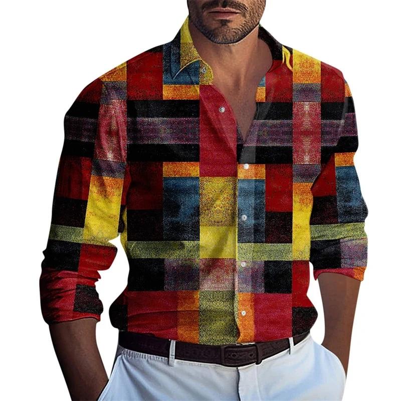 Nowa męska koszula z długim rękawem, codzienna moda, wzór w kratkę 3D, zapinana na guziki, klasyczna koszula, top