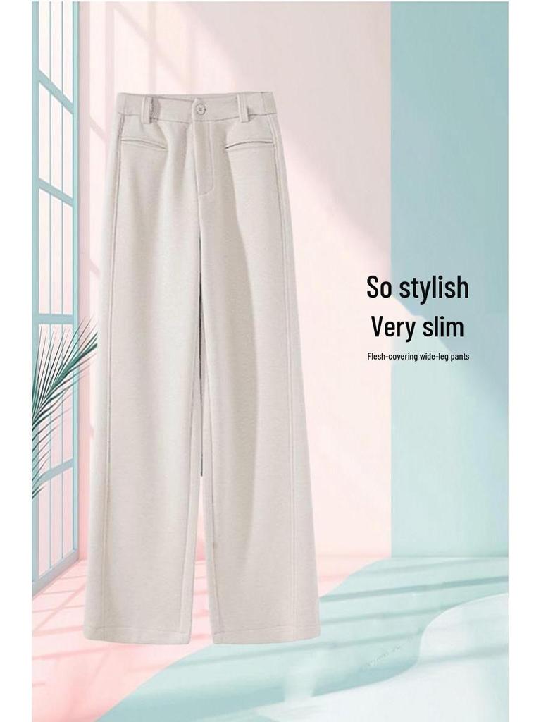 Women's High-Waist Gray Woolen Wide-Leg Pants - Fleece-Lined for Autumn/Winter, Thickened Drape, Narrow Straight-Leg Design