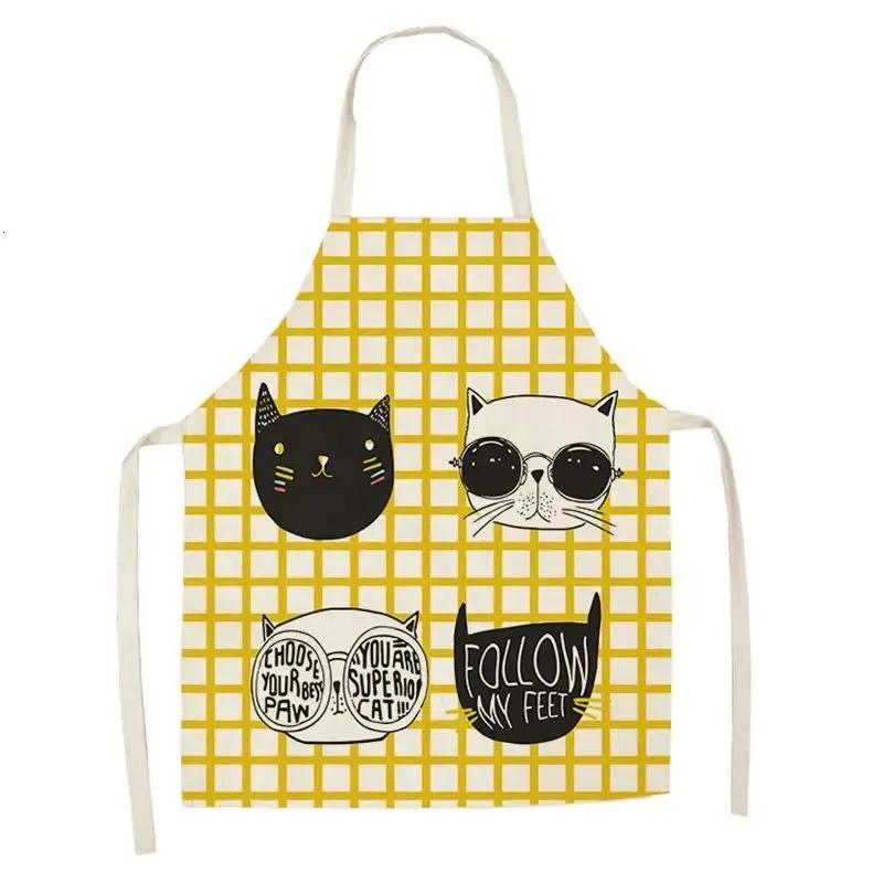 Lovely Cartoon Cats Kitchen Aprons for Women Cotton Linen Bibs Household Cleaning Pinafore Home Cooking 55x68cm