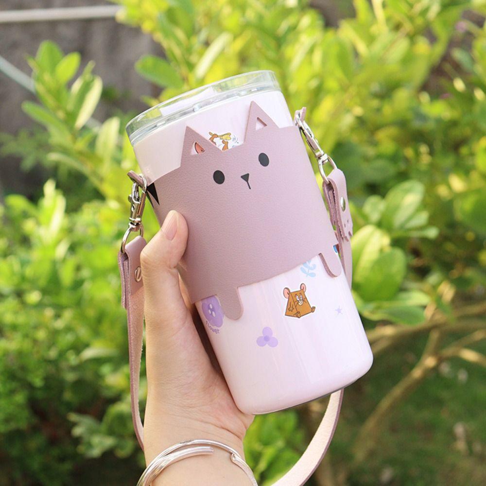 PU Leather Water Mug Tumbler Holder Pouch Anti Scalding Cute Cat Design Milk Tea Cup Cover Hand-held Outdoor Cups Carrier