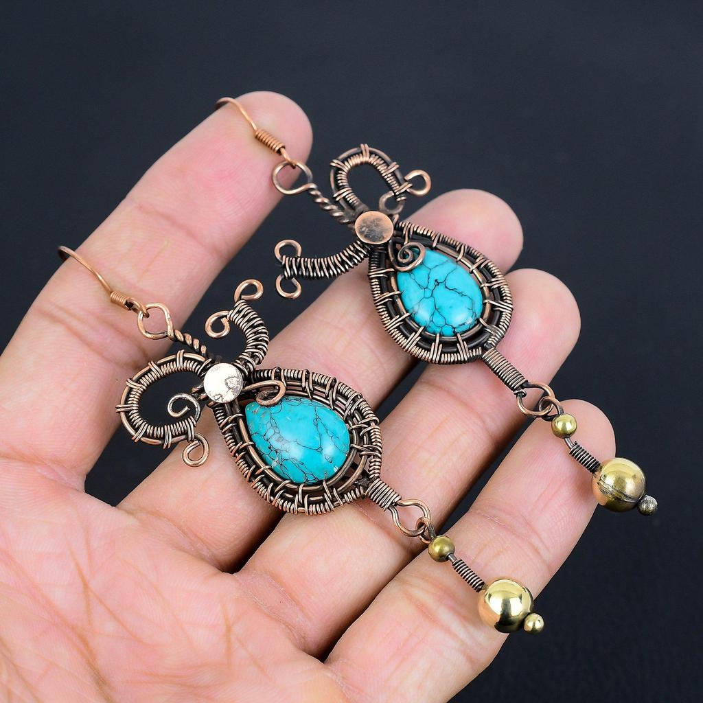Tibetan Turquoise Earrings Gemstone Jewelry, 999 Copper Wire Wrapped Handmade Earrings, Latest Design Jewelry