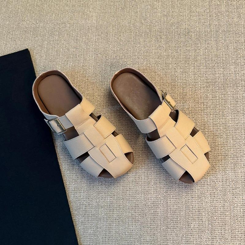 Sheepskin one-pedal women's outer wear hollow slippers women's breathable leather thick-soled beach toe shoes