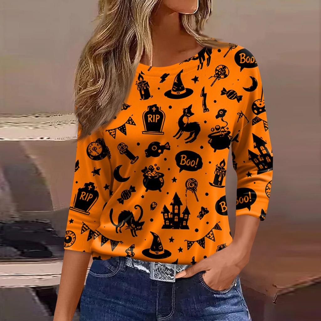 Women's Casual 3/4 Sleeve Halloween Print Round Neck Blouse for Party and Daily Wear