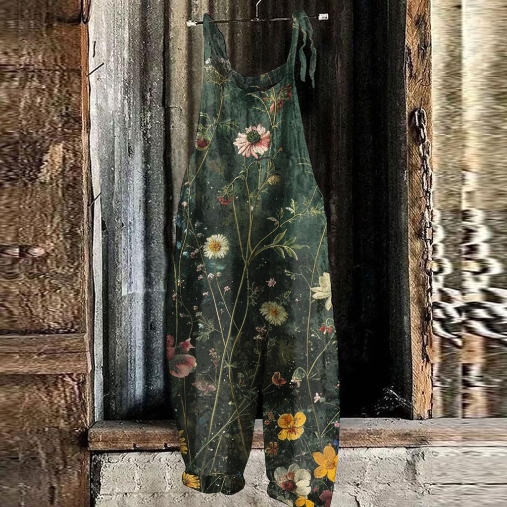 Women's Jumpsuit Floral Print Casual Loose Vintage Shoulder Strap Cotton Linen
