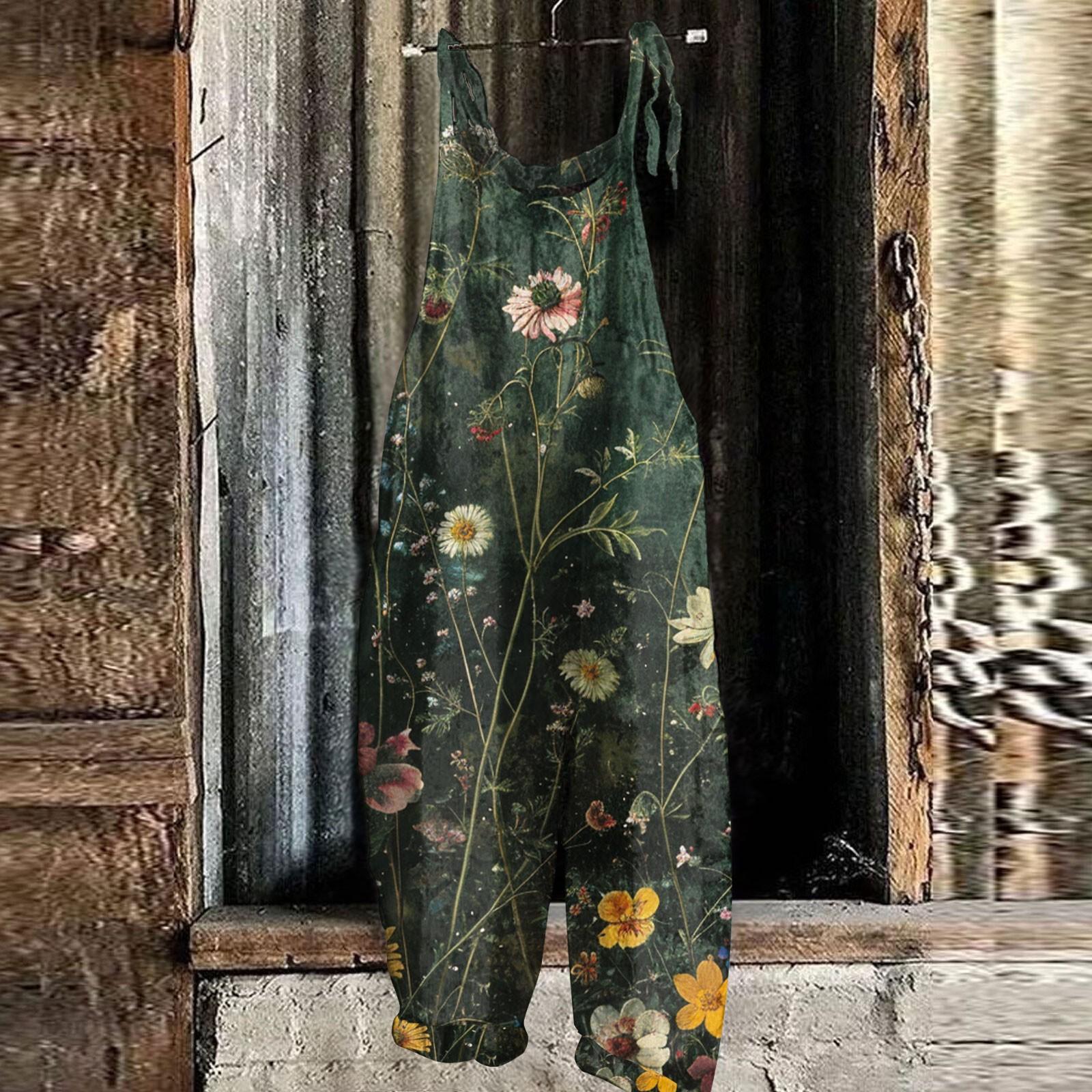 

Женский комбинезон с цветочным принтом, повседневный свободный винтажный комбинезон из хлопка и льна XL зелёный