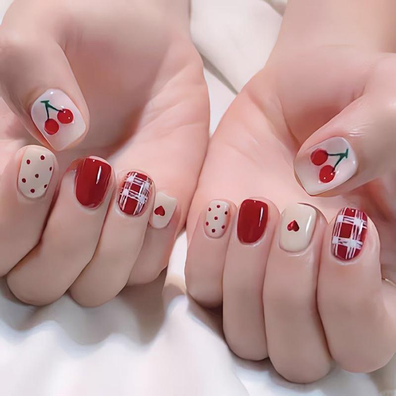 24Pcs Polka Dot Heart Check Cherry Short Square False Nails With Jelly Adhesive Detachable Full Cover Press On Artificial Nails