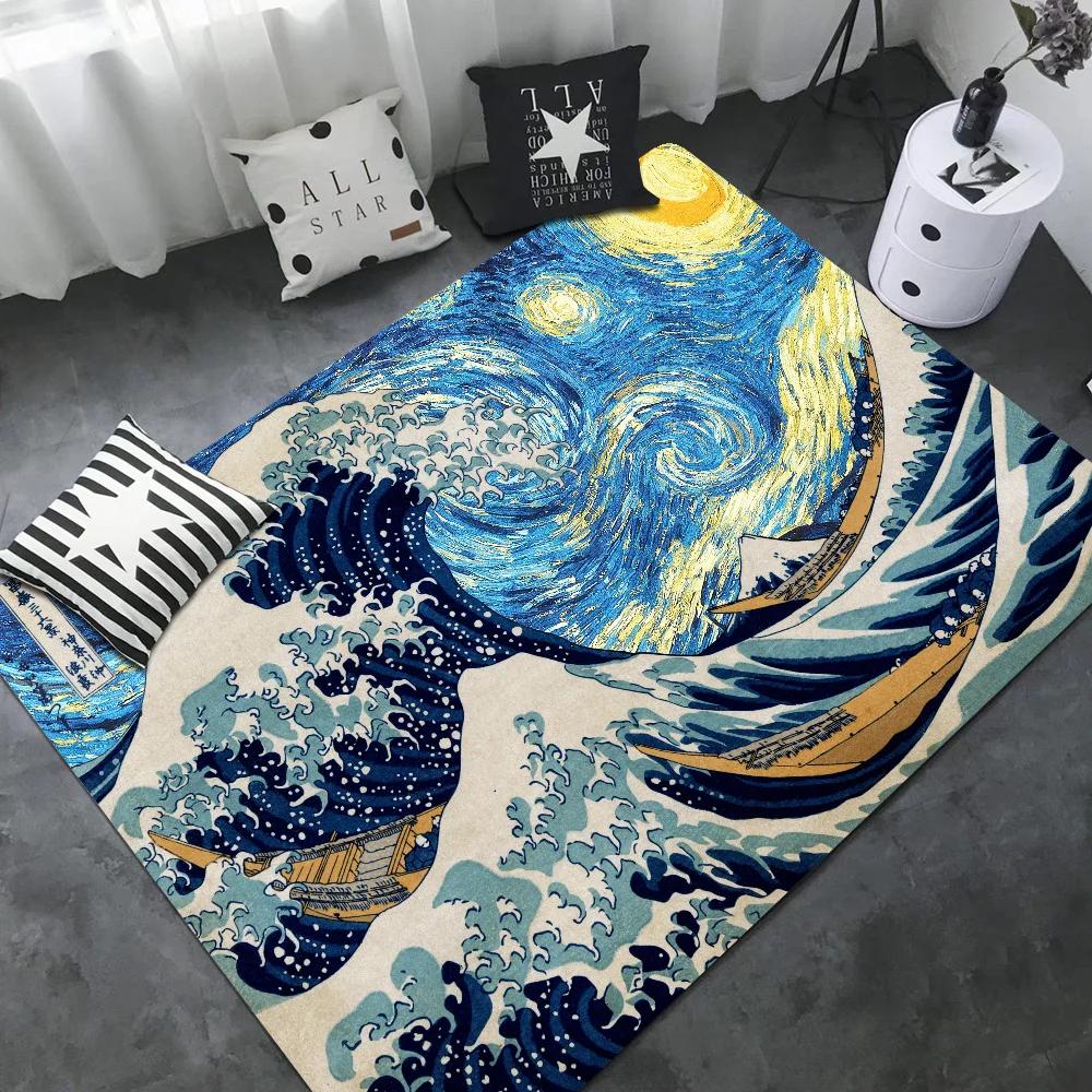 Japanese Wave Art Floor Mat Retro Multiple Choice Living Room Kitchen Rug Non-Slip Modern Home Decor