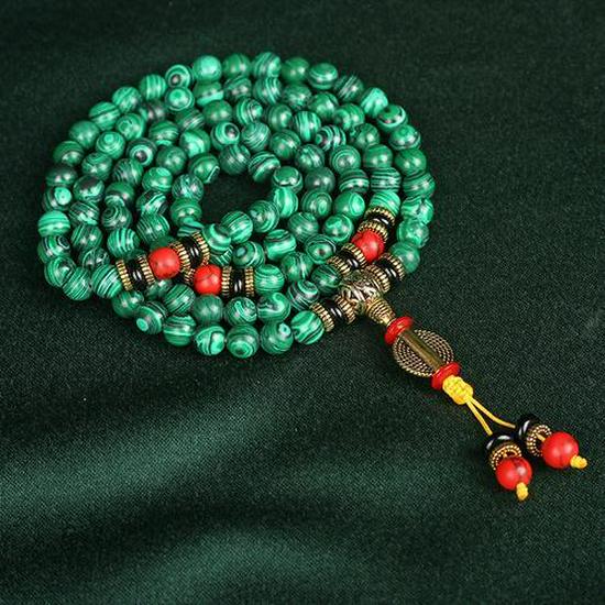 Malachite Buddhist Rosary: 108 Bead Bracelet, 8mm Round Beads for Men & Women