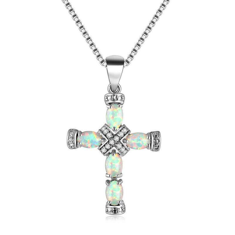 Opal Cross Pendant Necklace Women Copper Chain With White Blue Rose Gold Gemstone 45cm5cm Adjustable Geometric Design