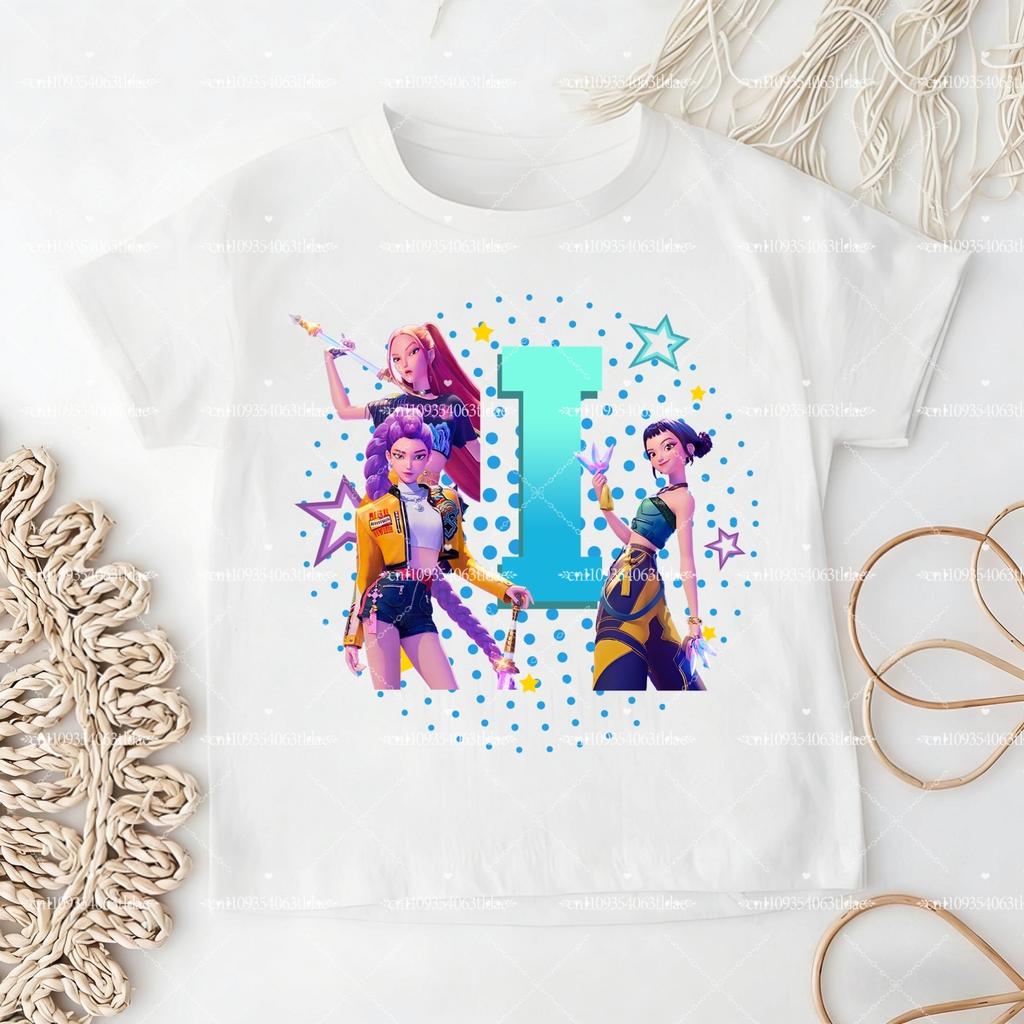 K-pop Demon Hunter Children's Cotton T-shirt for Girls - Sports Shirt - 2026 New Summer Short-Sleeved Casual Top - A-Z Letters