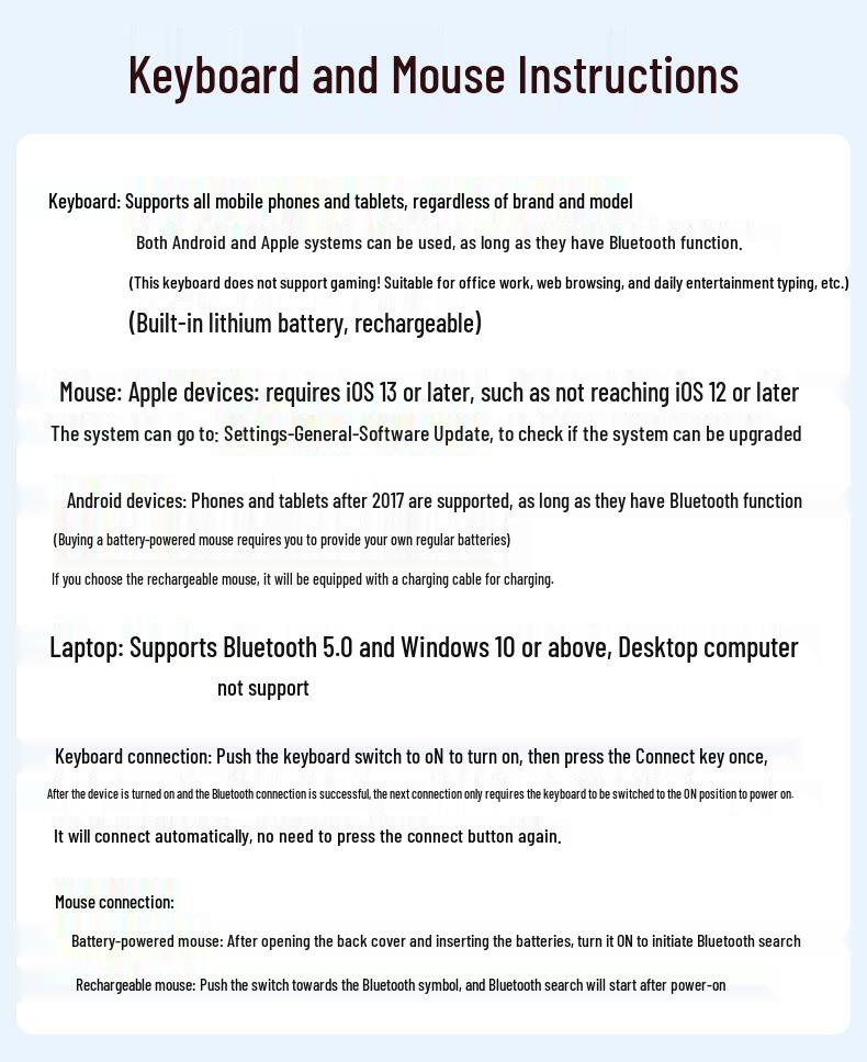 Universal Wireless Bluetooth Keyboard and Mouse for Mobile Phones, Tablets, Huawei, iPad, Xiaomi