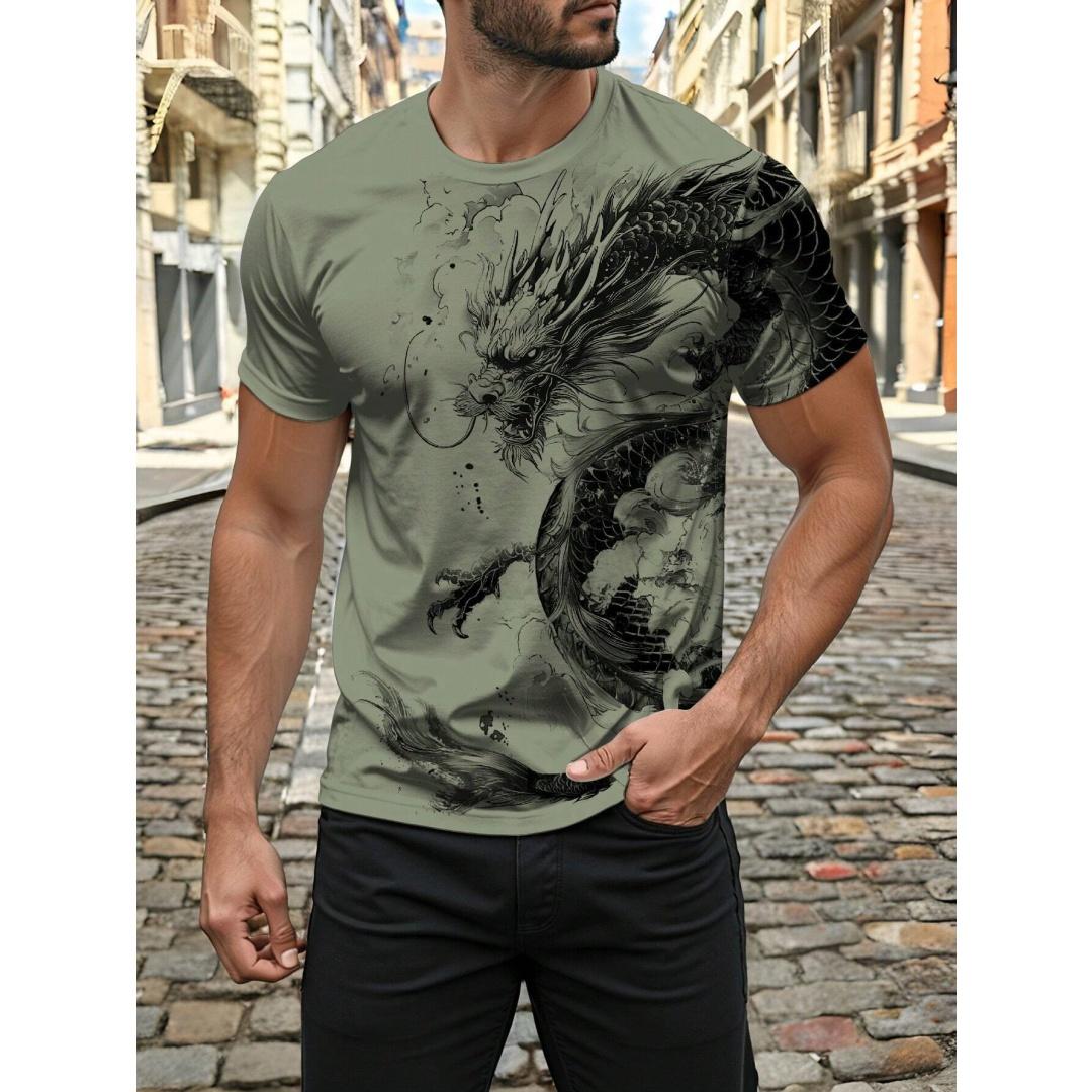 Herren T-Shirt mit 3D-Drachen-Print für den Sommer, Alltag, Freizeit, Straßen-T-Shirt für Herren, Outdoor-Sport, kurzärmelig, urbane Mode, Herren-T-Shirt S black