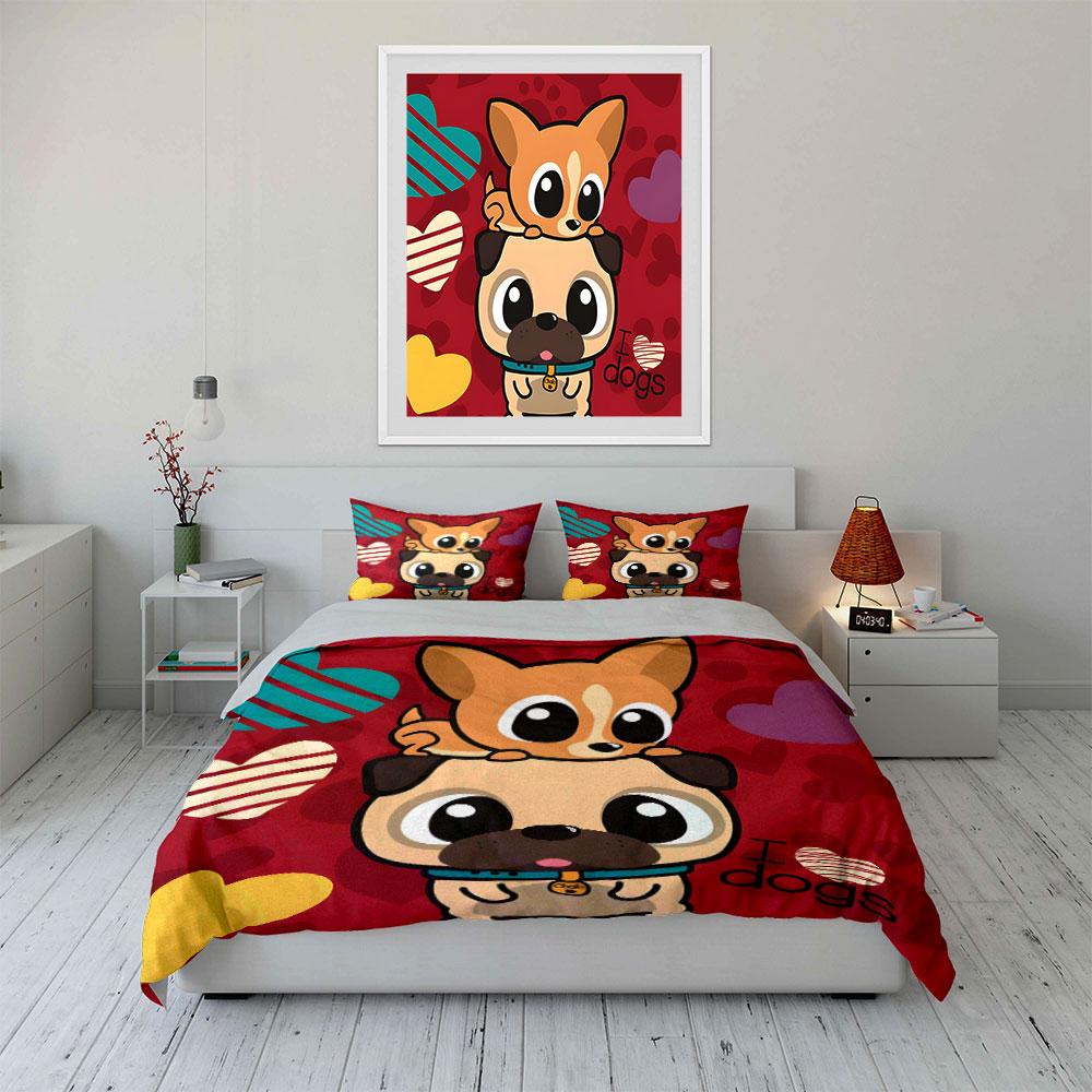 Cartoon Dog Print Set Gift Multiple Sizes Kid'S And Adults' Bedroom Exquisite 3Pc Bedding Set, Gift