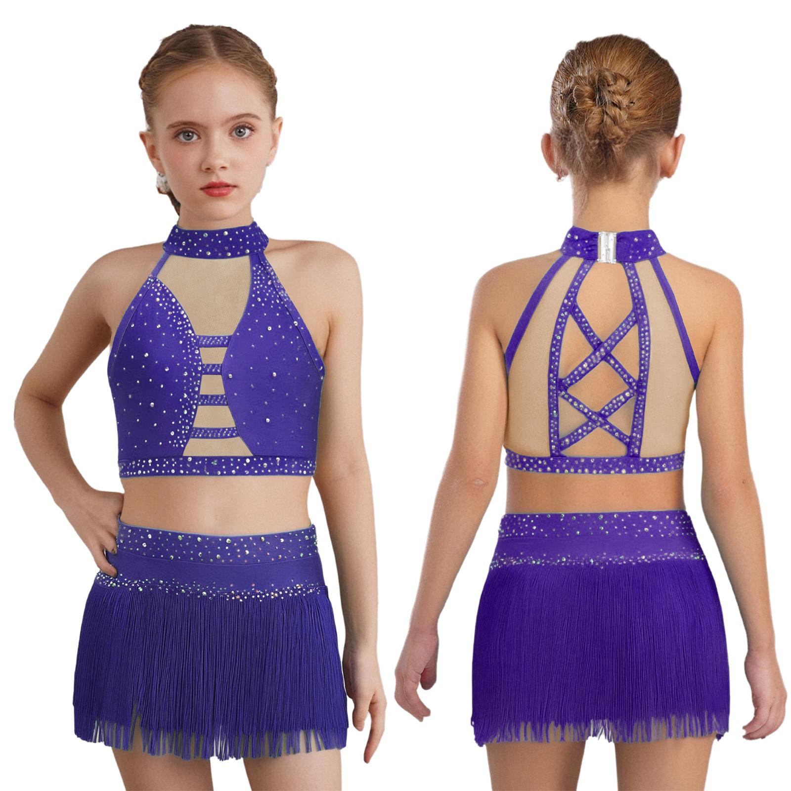 

Children’s Dancewear Halter Sleeveless Crisscross Back Mesh Rhinestone Embellished Crop Top with Tassel Skirt and Attached Briefs 5-6 Years фіолетовий