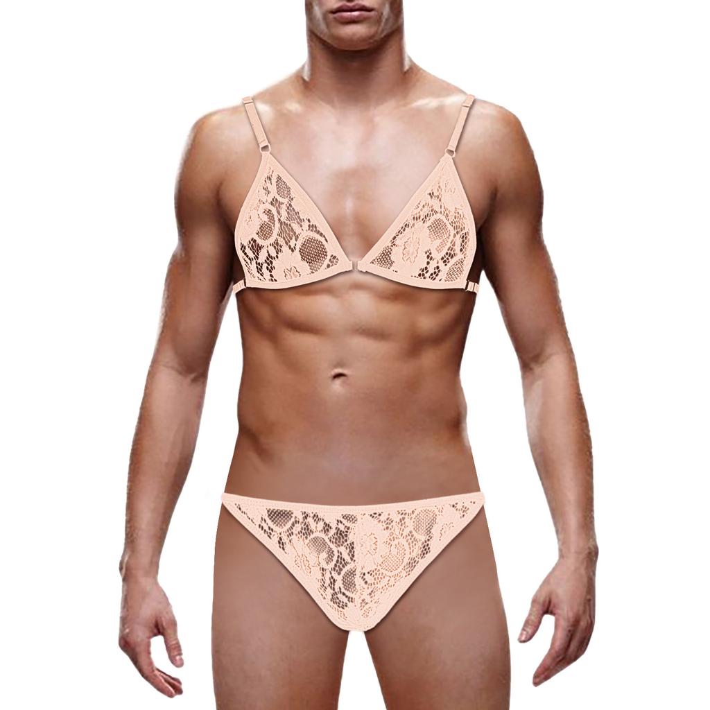 Grote Mannen Sissy Bikini Crossdressing Lingerie Set Kant Doorzichtig Bh Top Met Broekje Strings Ondergoed Gay Nachtkleding Mtf Nachtkleding