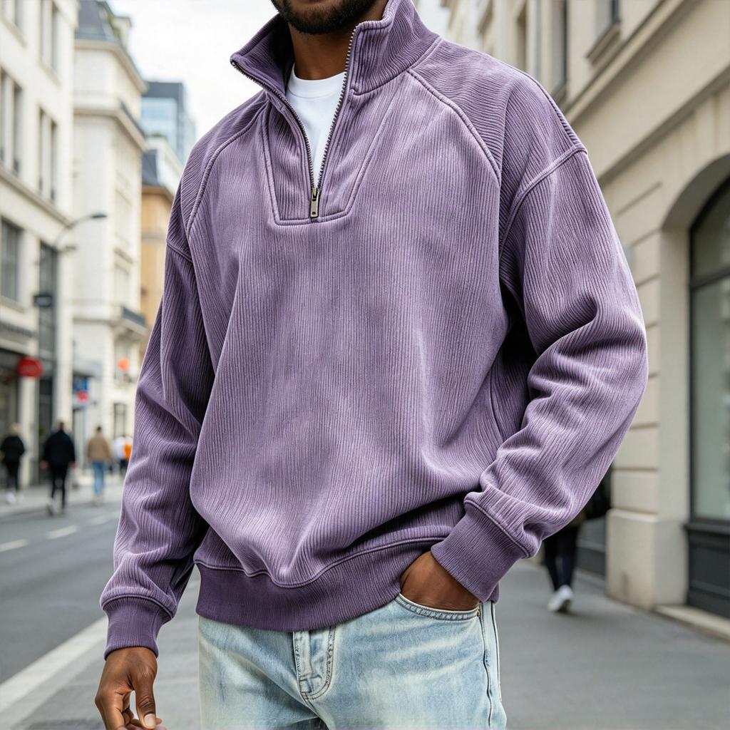 Men's Vintage Ribbed Half Zip Sweatshirt Mock Neck Pullover Top in Coffee Brown