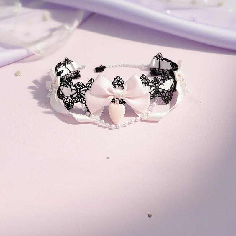 Gargantilla Lolita Corazón Perla Collar Cinta Lazo Cuello Hecho a Mano Gótico Lolita Punk Cadena Joyería Gargantilla Cuello