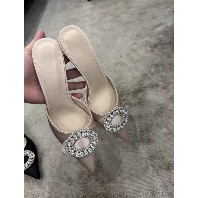 Women's Rhinestone Stiletto Heels - Pointed Toe, Square Buckle, Versatile Half Slippers