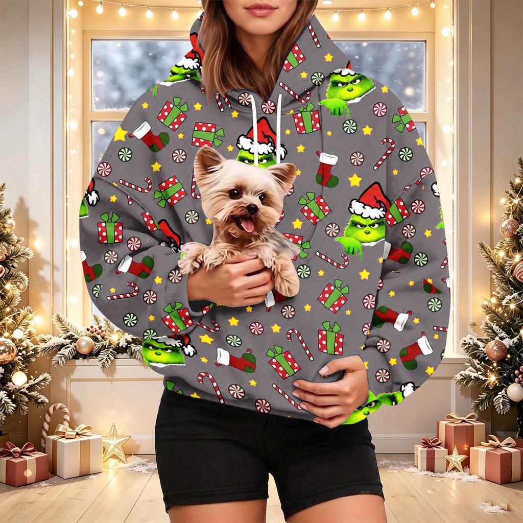 Women's Christmas Print Hoodie with Pet Pocket, Casual Long Sleeve Pullover Sweatshirt